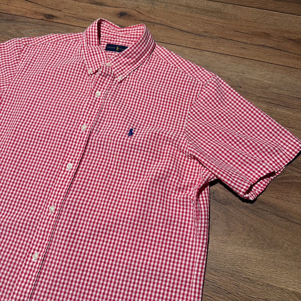 Ralph Lauren Red Gingham Button Down Shirt Mens Large Short Sleeve Pony Logo